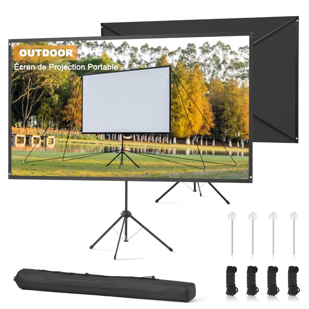 Écran de Projection Extérieur 100 Pouces 16:9, Écran de Projection avec Support, Gain Élevé, Résistant au Vent, Écran pour Projecteur, pour Home Cinéma, Jardin et Camping, Cordages et Piquets Inclus.
