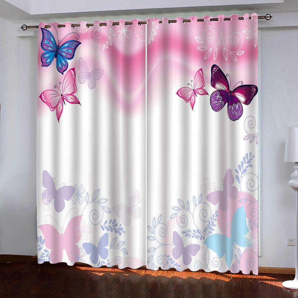 Vorhang Blickdicht mit Ösen 3D Rosa Schmetterling Verdunkelungsvorhang 2er Set Gardine Polyester für Schlafzimmer Kinderzimmer Wohnzimmer Dekoration 280x250cm
