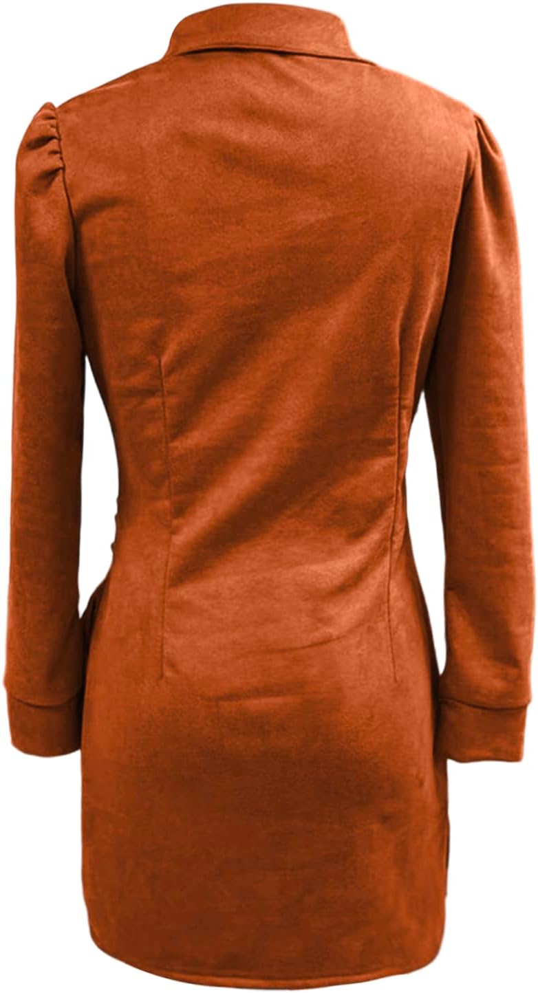 Womens Faux Suede Western Bodycon Mini Dress, Long Sleeve Lapel V Neck Sexy Velvet Style Wrap Dress with Fringe