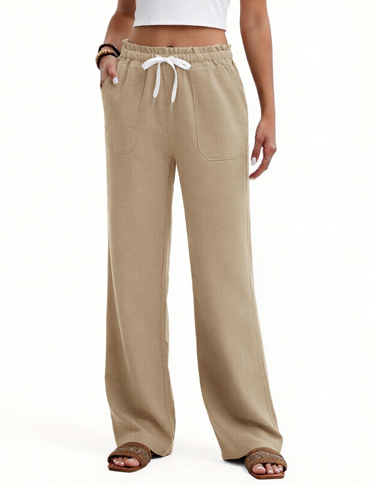 Fashora Sommerhose Damen Leichte Luftig Hose Sommer Hohe Taille Freizeithose Lang Locker Gerade Geschnitten Damenhose Elegant Elastische Bund Strandhose mit Taschen, Kordelzug