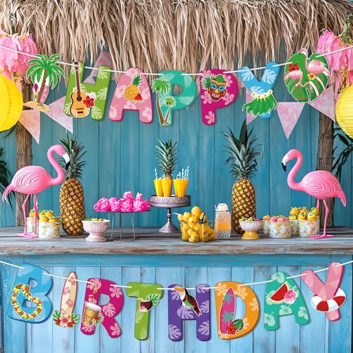 Image of Hooqict Happy Birthday Banner Hawaiian Birthday Decorations Colorful Hawaii Party Banner Garland Sign for Summer Tropical Hawaiian Luau Party Decorations