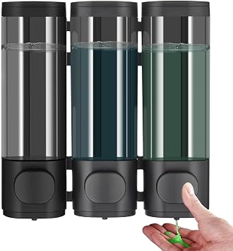 3 Chamber Black Soap Dispenser, Wall Mounted Shower Gel Dispenser | Hand Soap Dispenser with Button for Shampoo Conditioner or Lotion, Each 300ml Large Capacity Bathroom Kitchen Hotel Hospital