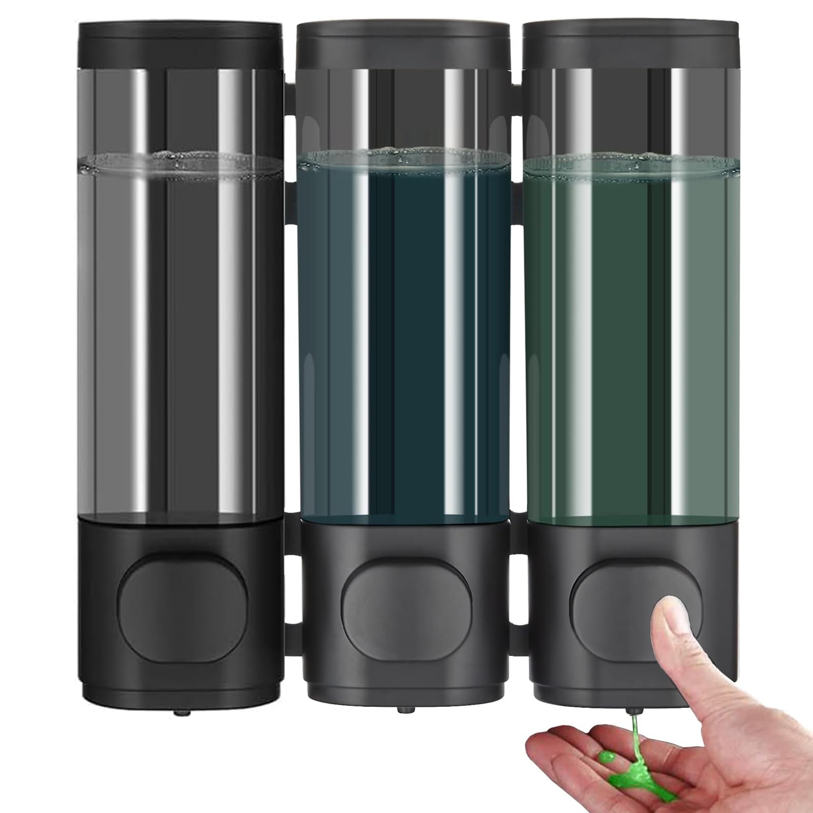Black Soap Dispenser 300mlx3, Wall Mounted Shower Gel Dispenser 3 Chamber, Bathroom Liquid Container with Button for Shampoo Conditioner, Large Capacity Hand Soap Dispenser for Bathroom Kitchen Hotel