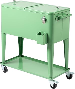 80 Quart Rolling Ice Chest on Wheels, Portable Party Bar Cold Drink Beverage Cart Tub for Outdoor Patio Deck, Dark Brown Wicker Faux Rattan Tub Trolley, Wheels