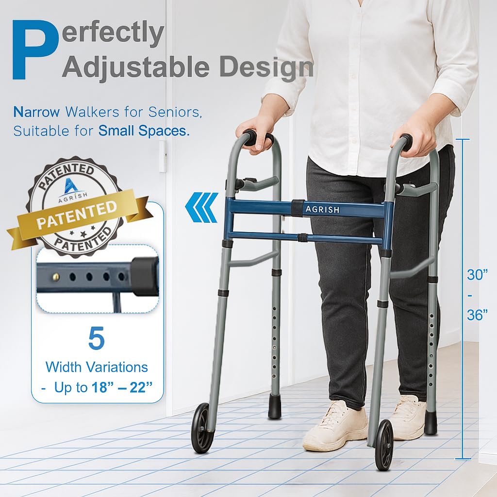 Agrish Narrow Walkers for Small Doorways - Width Height Adjustable Walker, Folding Walkers for Seniors Handicapped & Disabled, Standard Walkers for Tight Spaces, Steel Frame Support to 400 lbs