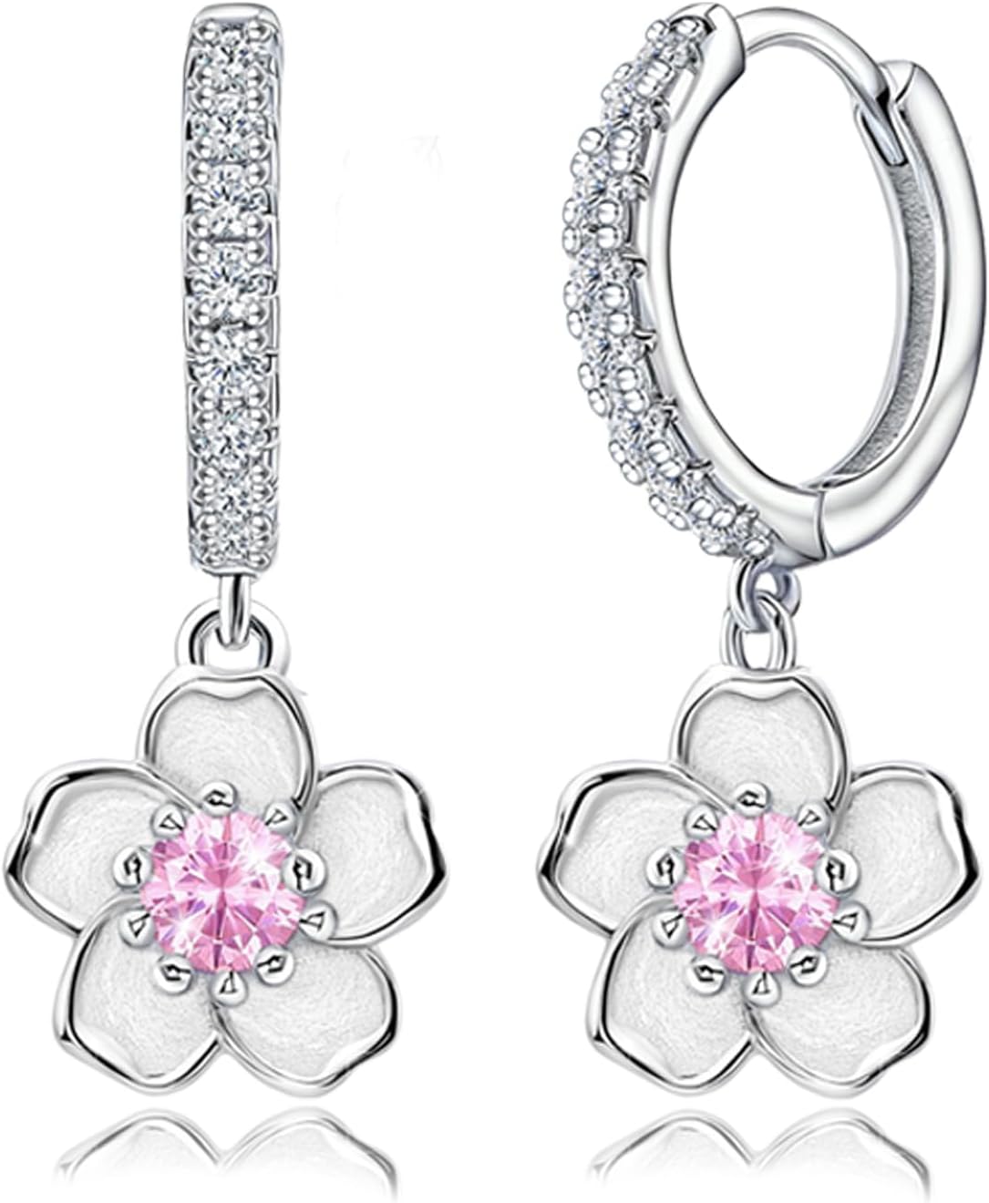 Cherry Blossoms Dangle Hoop Earrings for Women-Sterling Silver Pink CZ Hoop Earrings Small Shiny Crystal Flower Sakura Huggie Earrings Cute Dainty Floral Romantic Jewelry for Women Mom Wife Birthday