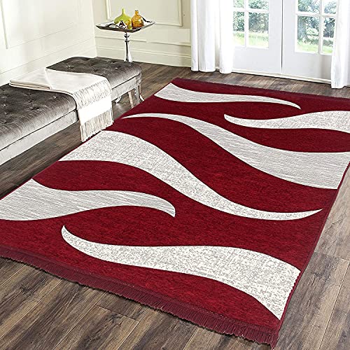 Image of Wave Design Rectangular Chenille Carpet, Maroon, 5X7 Feet | 210 Cm x 152 Cm, Sleek and Spacious, With Binding, For Living Room, Bedroom