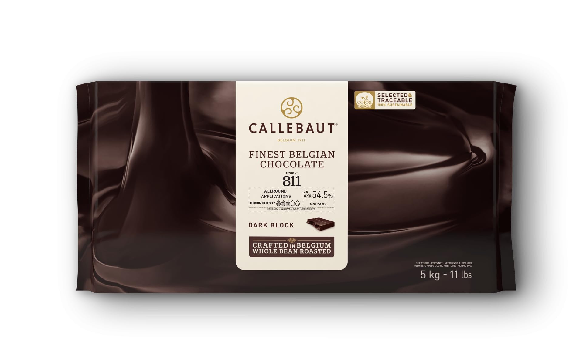 Callebaut Recipe No. 811 Finest Belgian Dark Chocolate 5kg Block | 54.5% min dry cocoa solids; 36.6% fat; rich cocoa - balanced - smooth - fruity hints product thumbnail 3