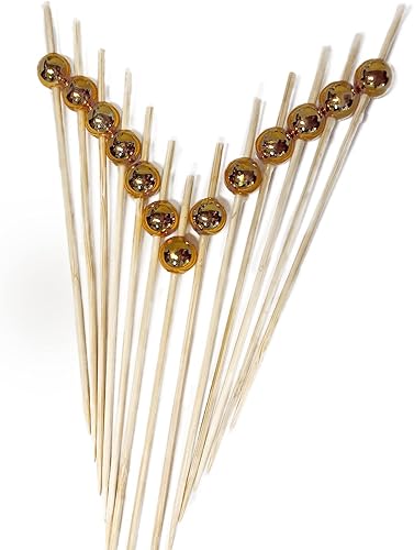 Selecciones de cóctel doradas 47 pulgadas 100 palillos de dientes elegantes para aperitivos brochetas largas de bambú decorativas para alimentos