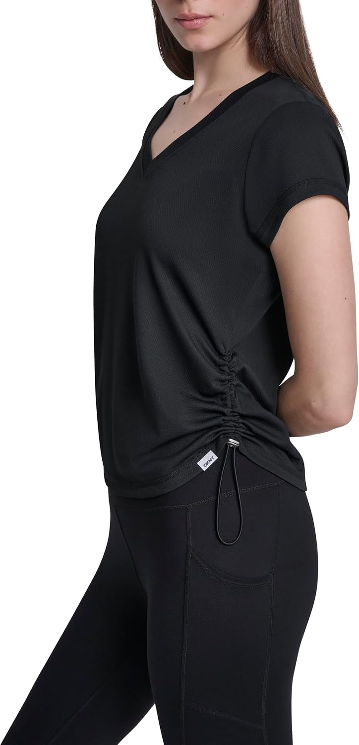 DKNY Women's Short Sleeve V-Neck Tech Ruched Side Seam Active T-Shirt