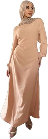 Womens Modest Tie Waist Maxi Dress, Elegant Round Neck Muslim Dress Abaya Robe