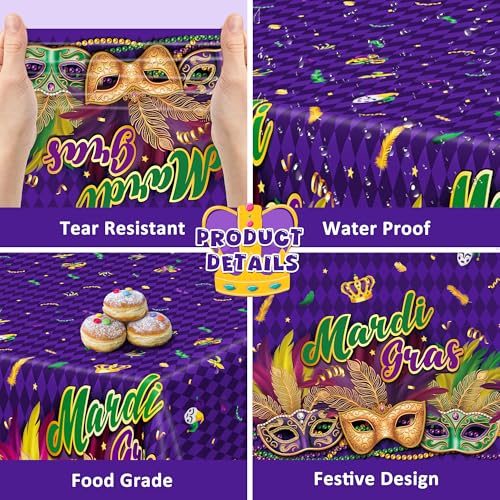 Image of 3 Pcs Mardi Gras Decorations, 54 X 108 Inches Rectangular Mardi Gras Tablecloth, Plastic Purple Table Cover With Masquerade Mask Design, Fat Tuesday Tablecover For Masquerade Party Picnic Dinner Decor