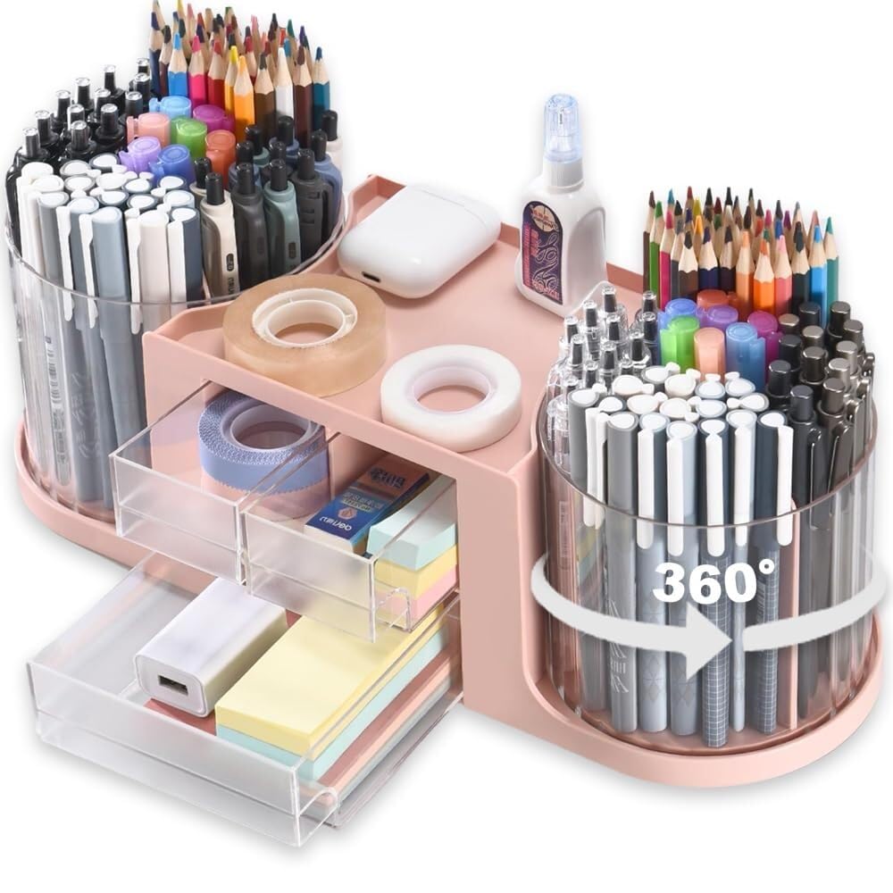 Stifteköcher Stifte Halter Schreibtisch-Organizer Mit 2 Drehbaren Stifthaltern, Bleistiftaufbewahrungszubehör Und 3 Schubladen Schreibtisch-Organizer(Pink)