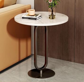 Round Coffee Table with Faux Marble Top, Floor Side Table Small End Table Black and White for Living Room Office