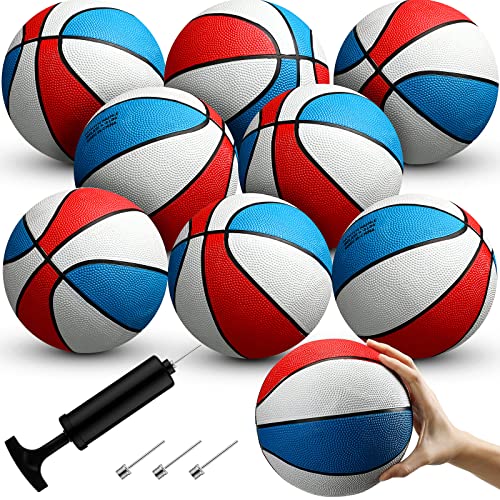 Outus 8 Pack 7 Inch Mini Rubber Basketballs Set Small Basketball with Air Pump Mini Hoop Junior Size 3 Basketballs for Beginner Arcade Games Indoor Outdoor Pool Party Favors(Red White and Blue)