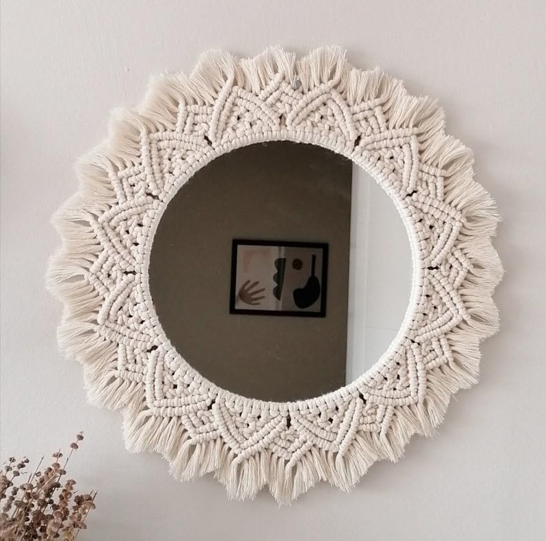 ALFA CRAFY Macrame Wall Mirror, Round Decorative Mirror with Boho Fringe Frame, 30 cm, Cream White-picture-25