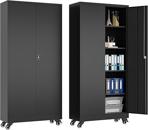 heycode Gabinete de almacenamiento con bloqueo de metal con 4 puertas y 2 estantes ajustables, armarios de almacenamiento de garaje de acero de 71