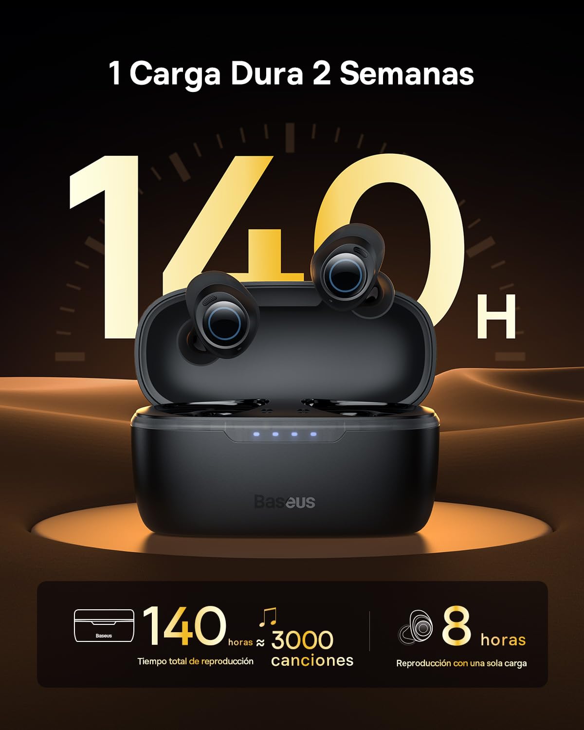Baseus Auriculares Inalambricos Bluetooth 5.3 con Cancelación Ruido Activa Híbrida -48dB, 140H de Reproducción, Resistente al Agua IPX6, 4 Micrófonos ENC, Baja Latencia 0,038s - Bowie MA10, Negro