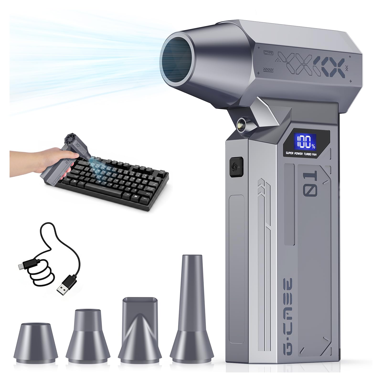 Compressed Air Duster for PC, 6000mAh Rechargeable Cordless Air Blower with LED Light, 6-Speed Adjustable Electric Duster for Keyboard, Computer, Home, Car, and Outdoor Cleaning