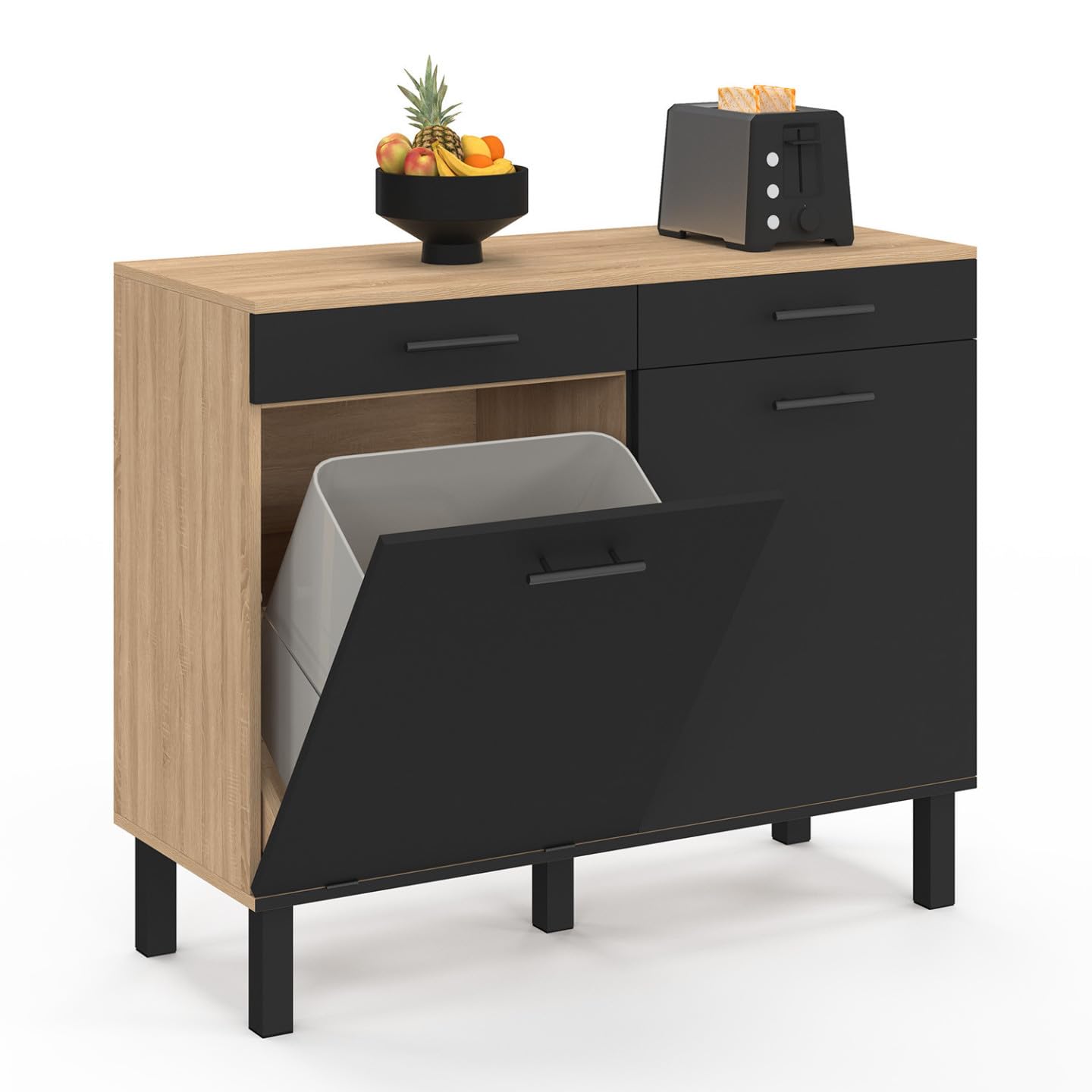 IDMarket - Küchenbuffet mit Abfalleimer 100 cm CINA Arbeitsplatte H.83 cm 2 Türen + Schubladen in Buchenholzoptik und Schwarz