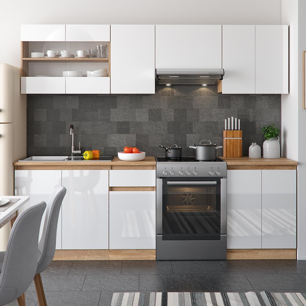 Vicco Cucina componibile Raul, Bianco lucido/bianco, 240 cm, PL Sonoma, con moduli posizionabili variabilmente e piedini regolabili in altezza
