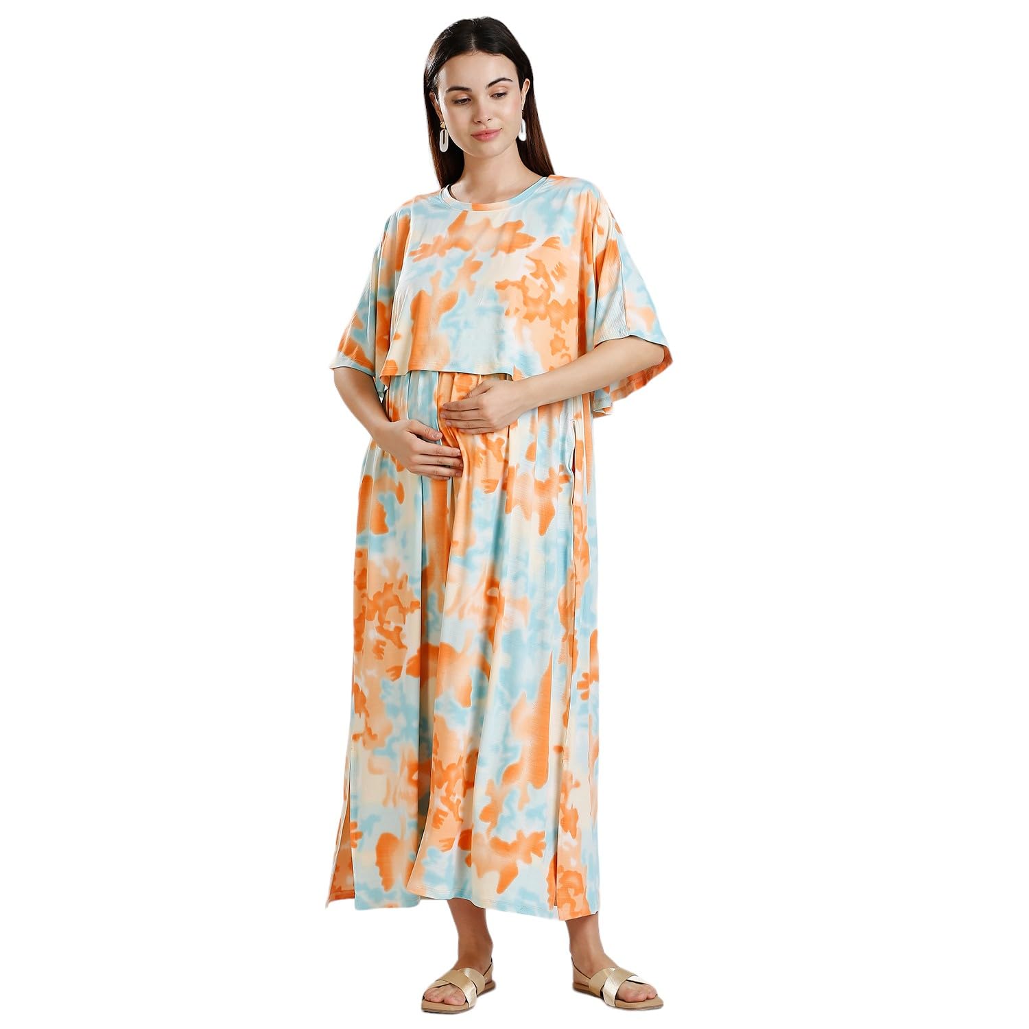 True Shape Maternity Gown for Women | Knitted Polyester Zipless Feeding Poncho Night Dress with Attached Cape, Easy Nursing & Convenient Pockets for Pre & Post Pregnancy