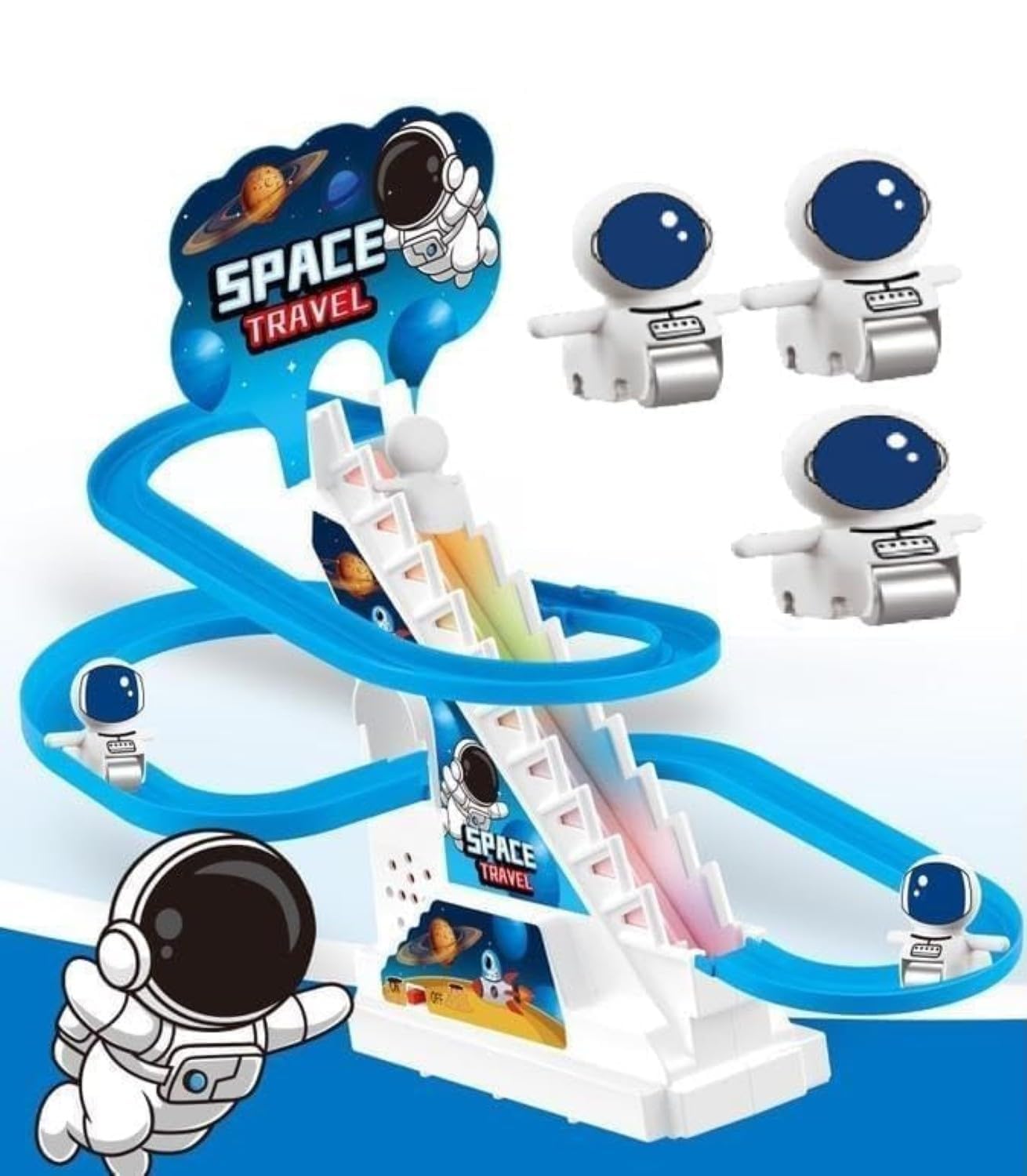 WireScorts Space Travel Music Track Toy with Climbing Stairs, Flashing Lights & Music I Battery Operated Slide Toy for Kids 3+ Years I Fun Spiral Track Playset for Boys & Girls