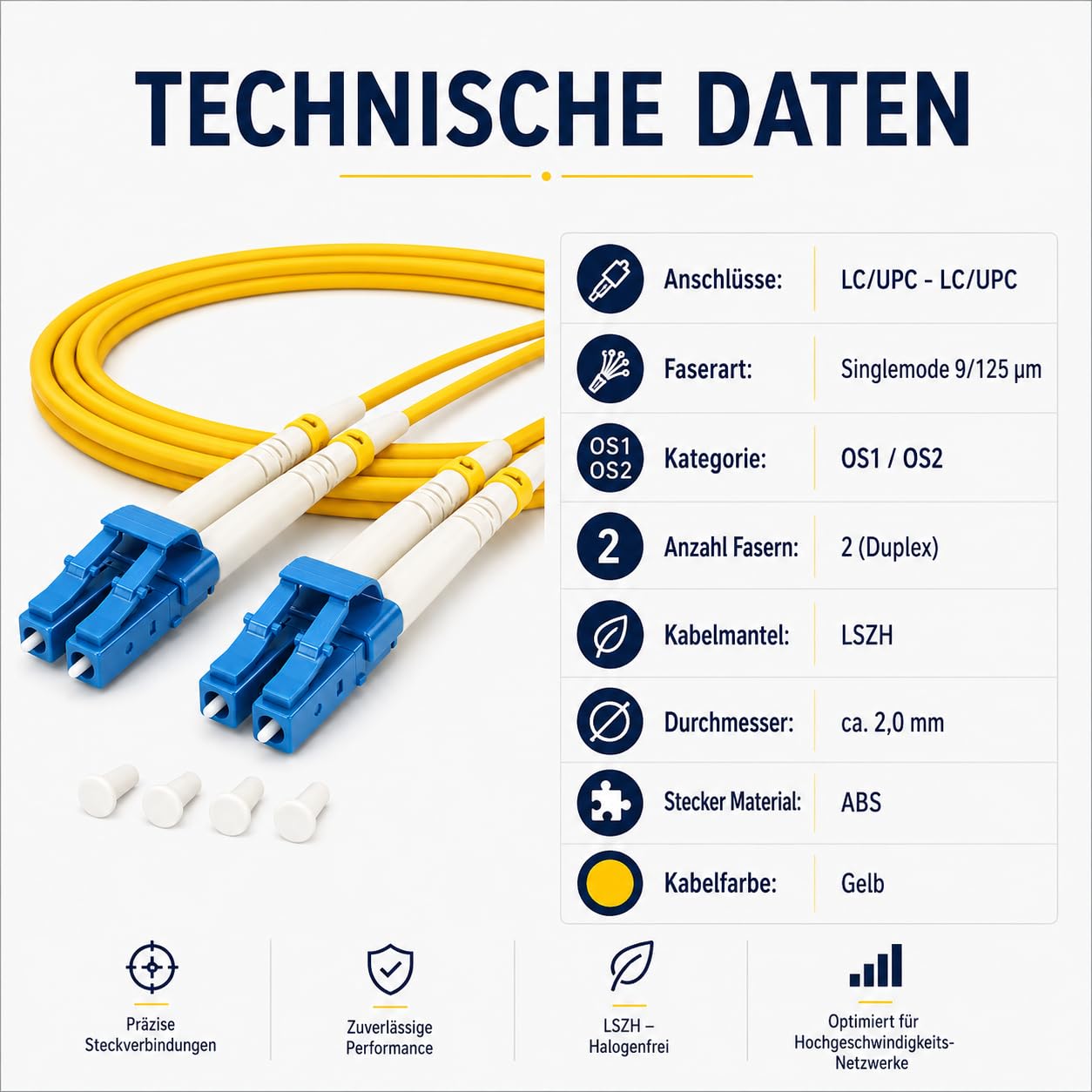 1aTTack.de 1 x 20 m OS1 / OS2 LWL DX DUPLEX kabel krosowy LC/UPC - LC/UPC SM SINGLEMODE - 9/125 µm LSZH żółty