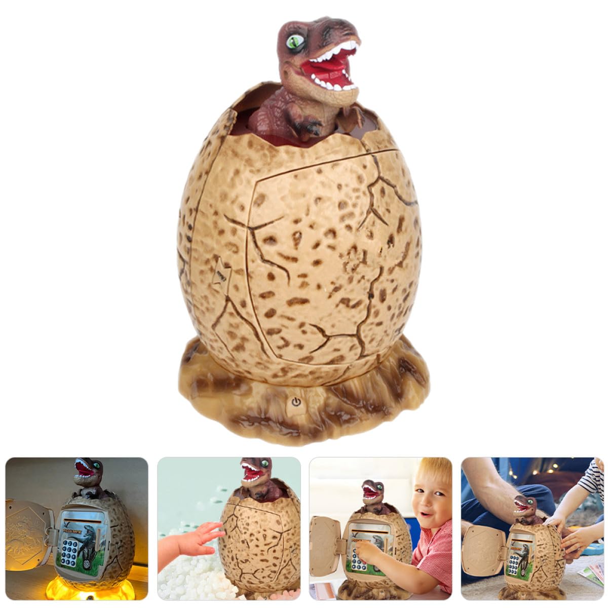 Tirelire Électrique D'œuf de Dinosaure Marron en Plastique Protection par Mot de Passe, Robuste, pour Garçon et Filles et Économiser de L'argenté Facilement