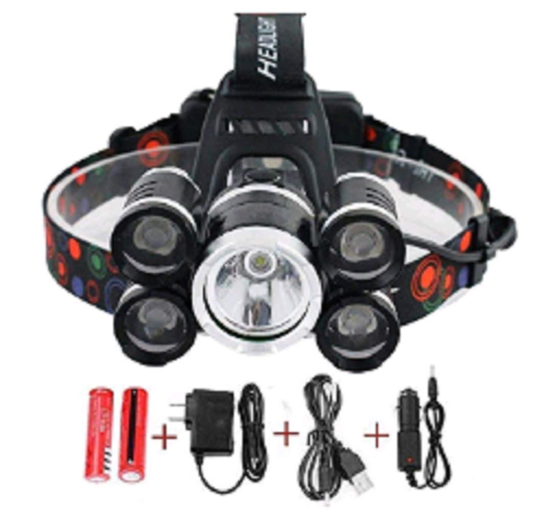 NEWEST And BEST Version Waterproof Headlamp Waterproof 12000 Lumen 5 Led Headlamp XML T6+4Q5 Head Lamp Powerful Led Headlight,Waterproof Camping, Hiking, Hunting,Fishing (Silver)