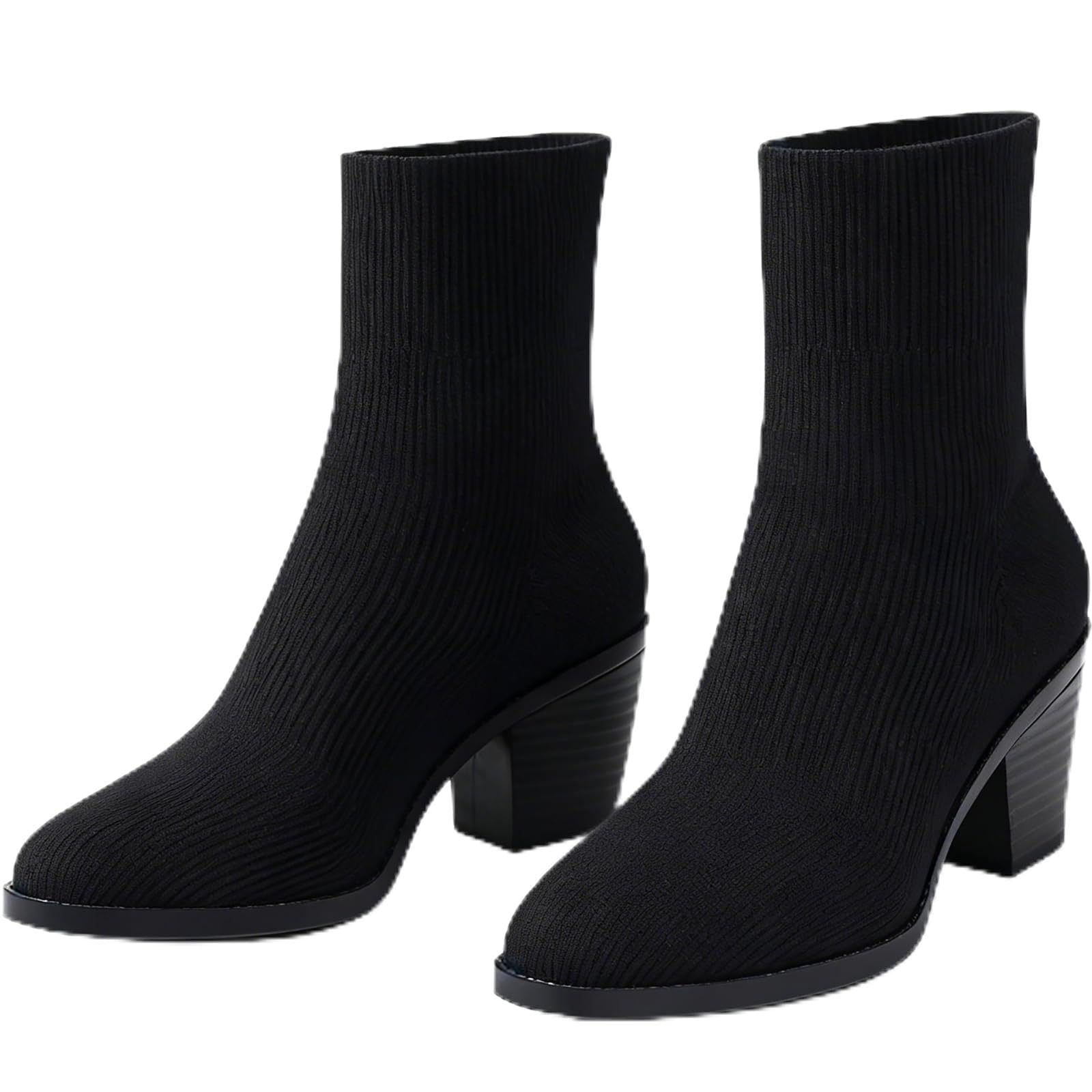 Elastic Sock Boots For Womens Chunky Heel Stretch Bootie Fashion Knit Almond-Toe Slip On Comfortable Mesh Breathable Block
