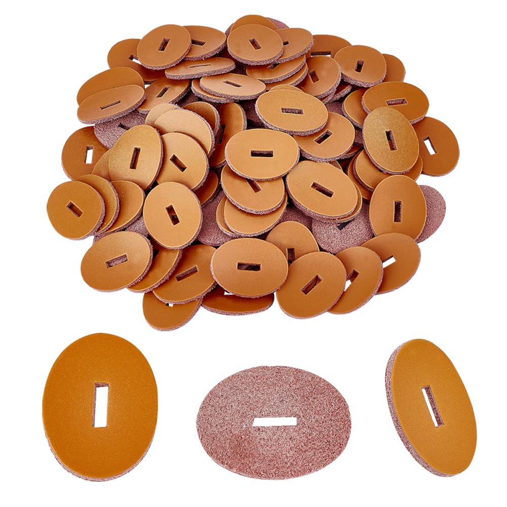 OLYCRAFT 100pcs Brown Leather Handle Washers Genuine Leather Spacer Washers Oval Leather Washers Brown Knife Handle Washers for Knife Handle Making DIY Art Crafts 33x25mm