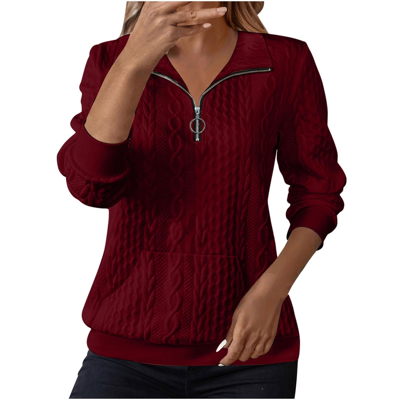 Kenvina Women Quarter Zip Pullover Collared Textured Sweatshirt Casual Trendy Half Zip Sweater Plain Long Sleeve Sweat Shirts