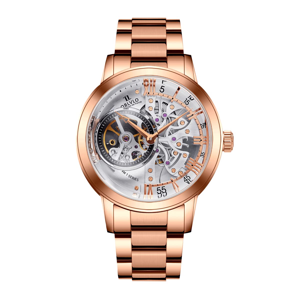OBLVLO Retro Sport Uomini Scheletro Orologio Automatico Cinturino Meccanico In Pelle Di Vitello Cristallo Minerale Impermeabile Quadrante 45mm VM
