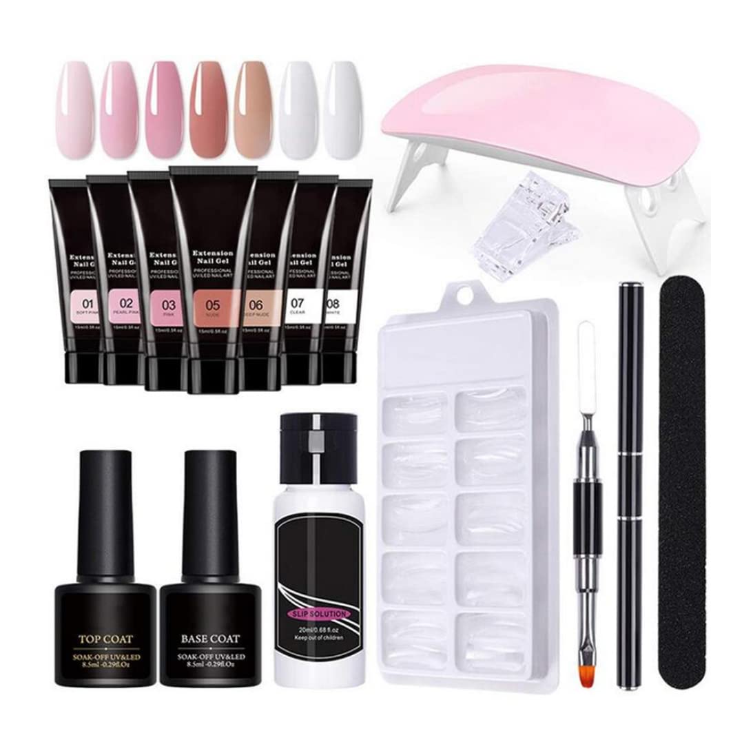 Kit de uñas de gel, kit de extensión de uñas de gel de 15 ml y 7 colores con lámpara UV, constructor de clips, iniciador de esmalte de larga duración para salón en casa