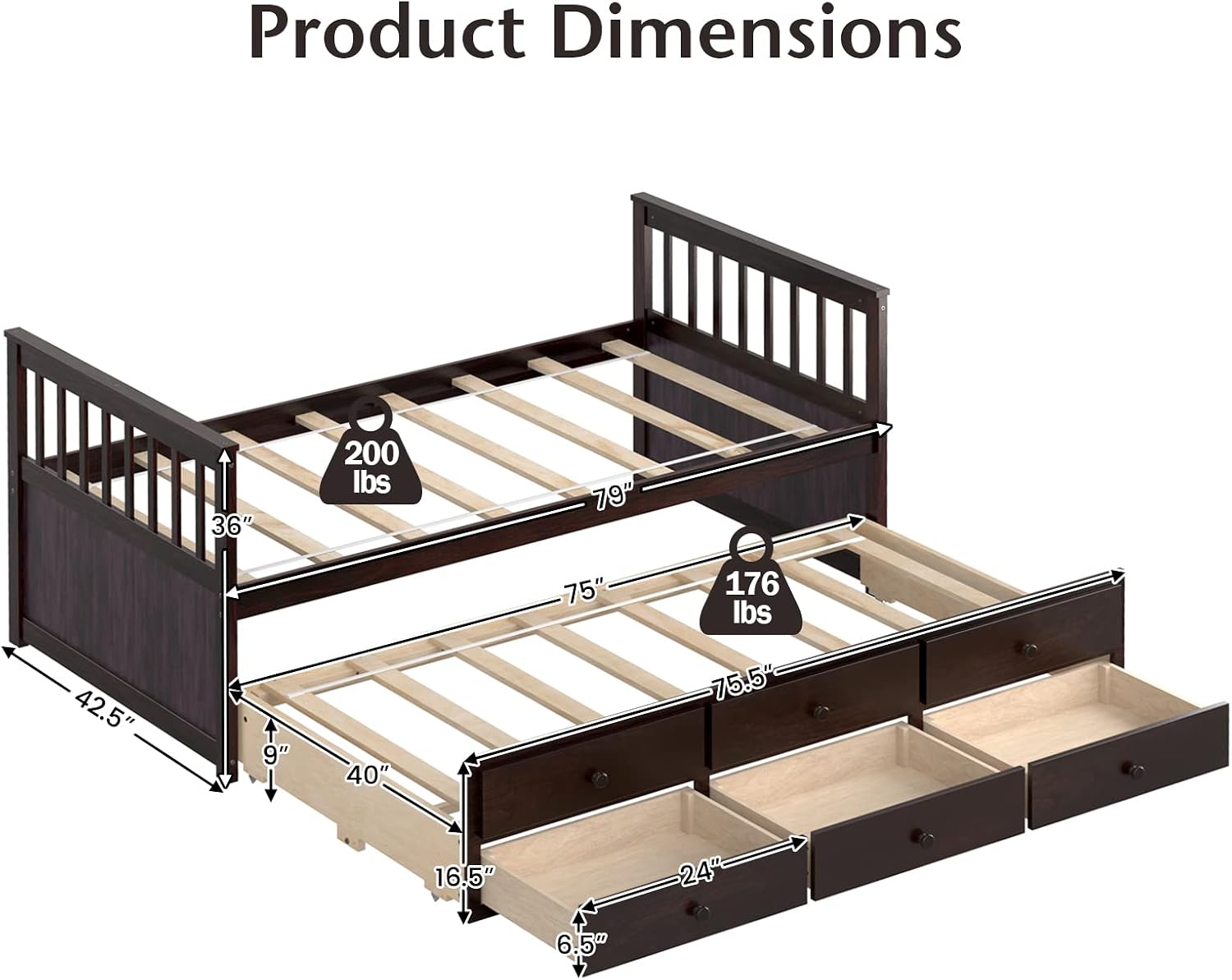 KOTEK Twin Captain's Bed, Twin Daybed with Trundle and 3 Storage Drawers, No Box Spring Needed, Wooden Platform Storage Bed for Kids Teens Guests (Espresso)