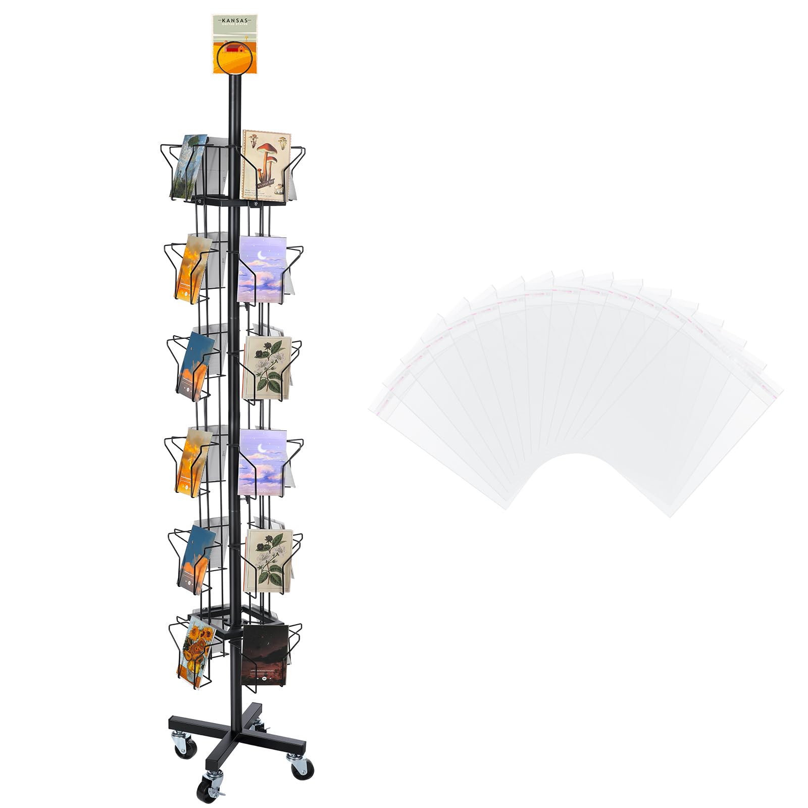 Queekay 24 Pockets Countertop Rotating Greeting Card Rack with 200 Clear Resealable Polypropylene Bags 6 Tier Metal Display Stand Spinning Floor Stand Pocket Rotating Holder for Stickers (Black)