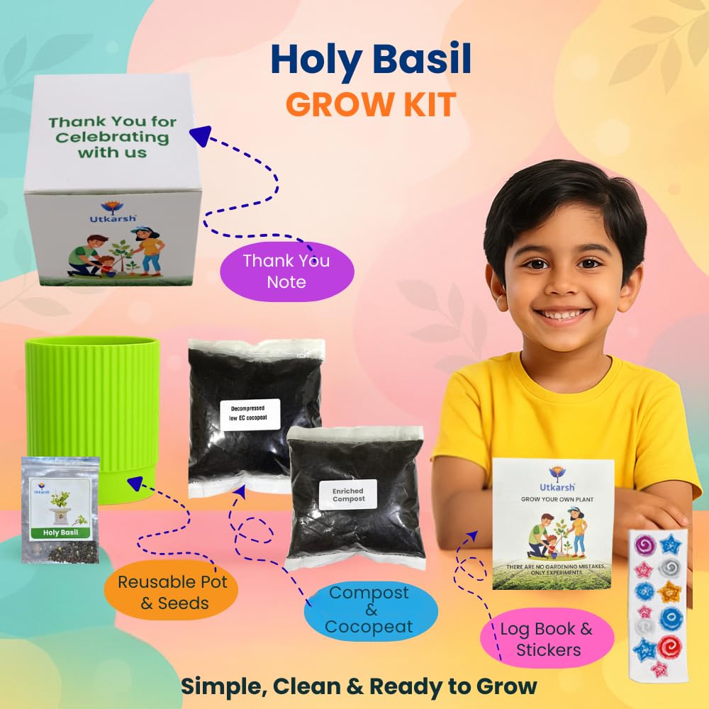 Utkarsh Italian Basil Seed Starter DIY Grow Kit with Gift Bags | Best Eco-Friendly Return Gift Ideas for Kids & Beginners | Easy to Grow it Yourself Gardening Set for Home & Kitchen Garden | Pack of 6