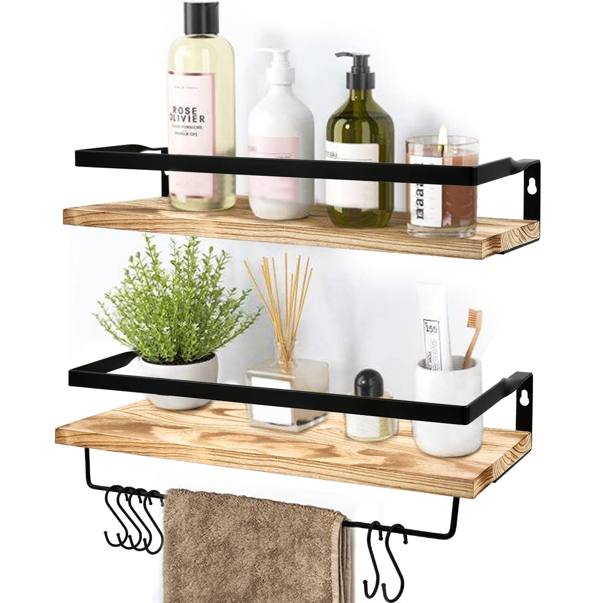 TIMESETL 2 pack Floating Shelves with 6 Hooks, Wood Wall Shelves, Wall Mounted Shelf, Wooden Shelves for Bedroom Bathroom