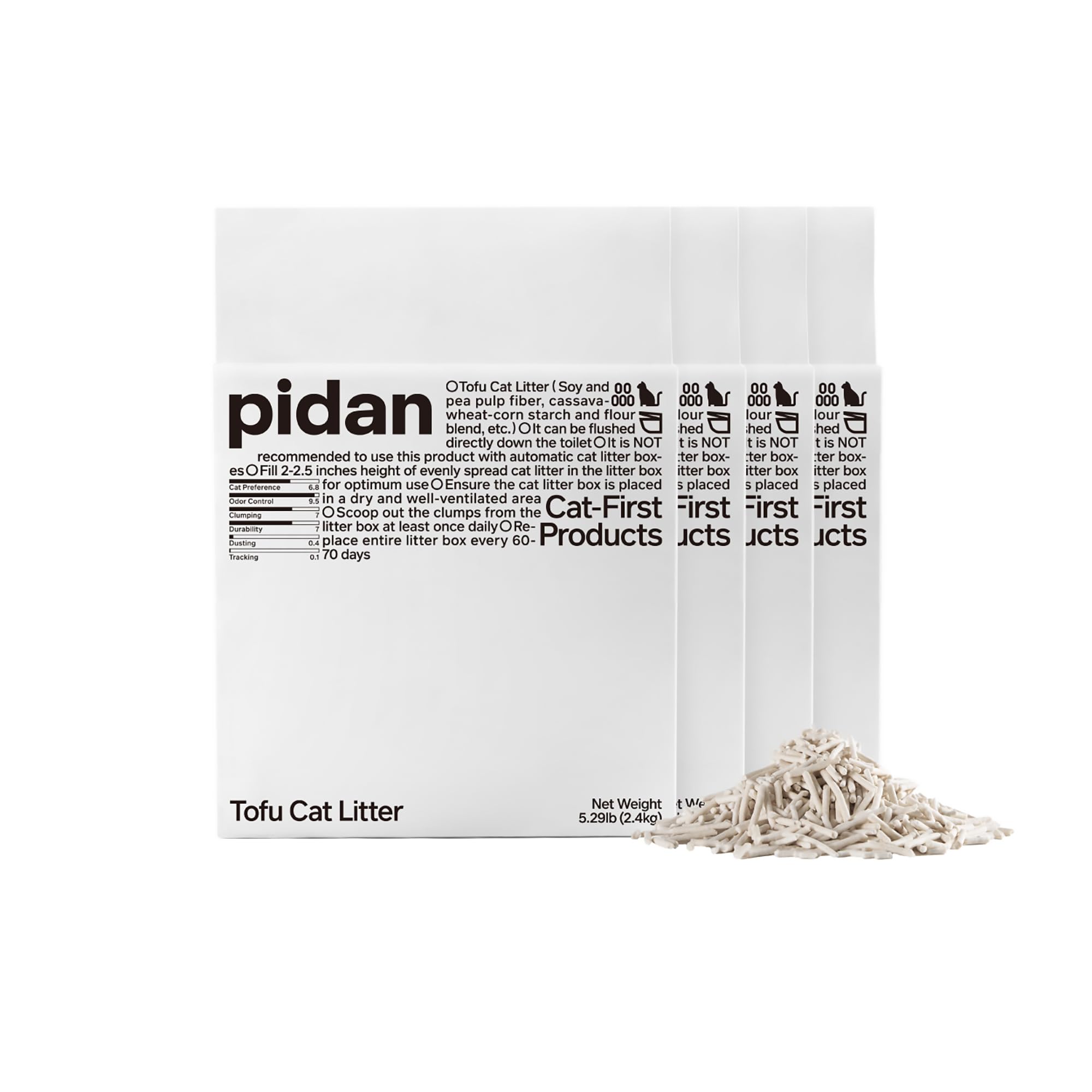 pidan Lettiera per Gatti in Tofu 9,6 kg (4 Sacchetti) | Lettiera vegetale agglomerante, poca polvere, efficace controllo degli odori, rapida agglomerazione, smaltibile nel WC