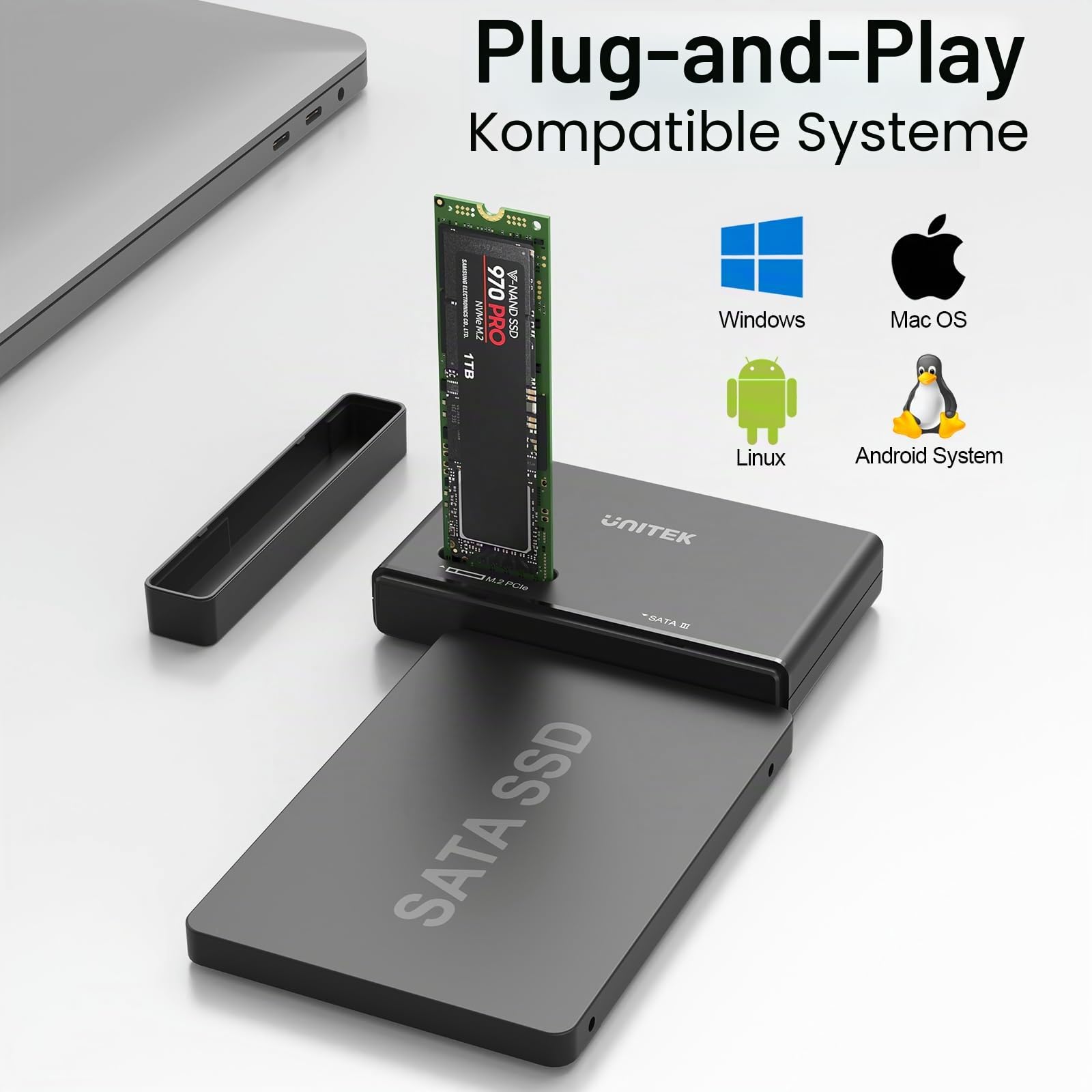 UNITEK M2 NVME und SATA USB 3.2 Adapter,10Gbps M.2 SSD Gehäuse,Werkzeuglos | Unterstützt SATA-Festplattenleser M und B&M-Schlüssel, kompatibel mit 2230/2242/2260/2280/22110 SSDs