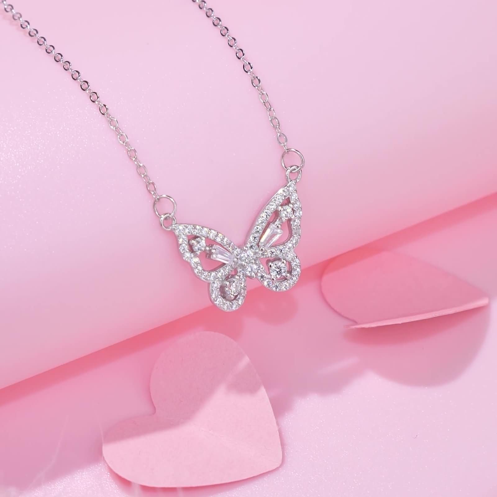 9K / 14K / 18K White Gold Wisiorek Kobiety, Hollow Butterfly Moissanite, Srebrny Łańcuszek Naszyjnik dla Kobiet