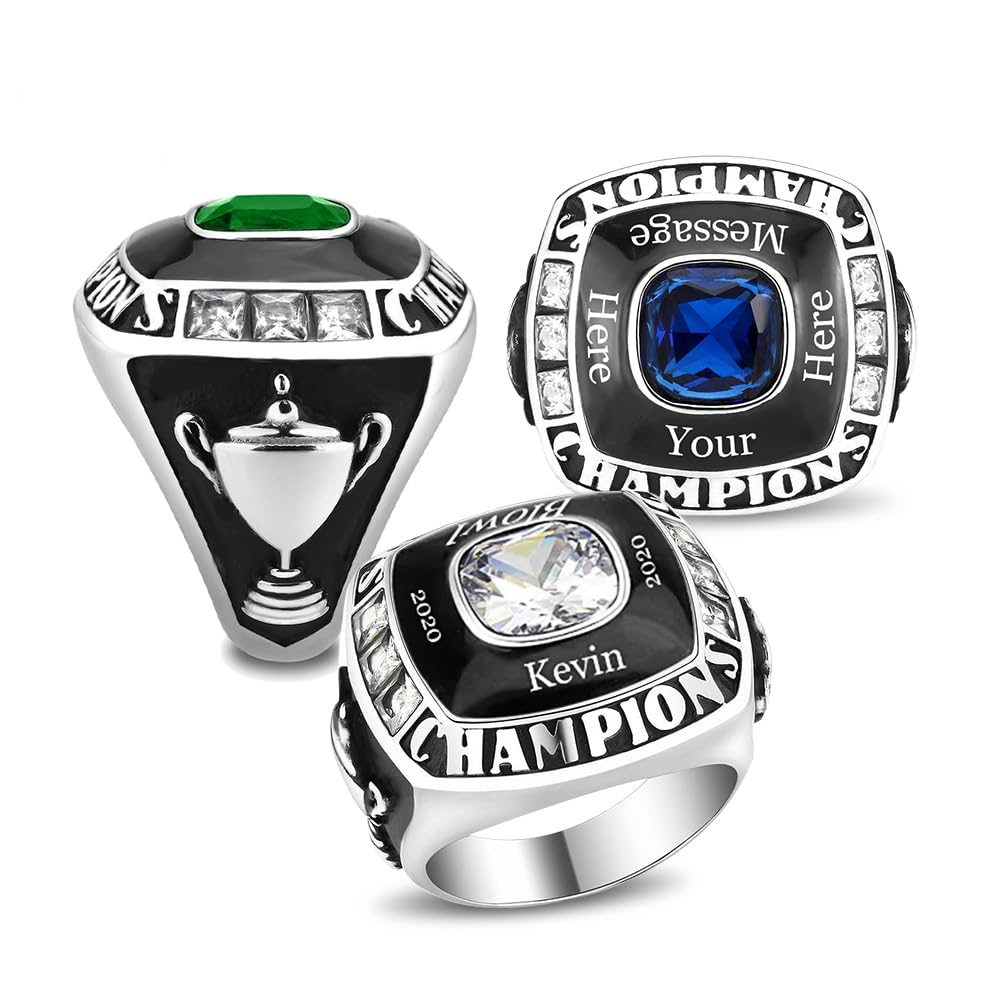 Stainless Steel Championship Ring Custom Text and Color - Trophy (10, Silver)