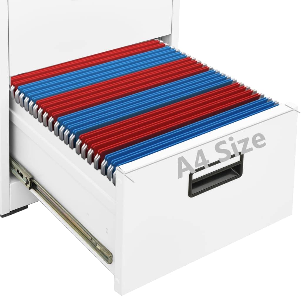 Armadietto portadocumenti bianco in acciaio 46 x 62 x 72,5 cm con 2 cassetti e serratura, armadietto sospeso per cartelle legali A4, armadio da ufficio per riporre documenti in ufficio o