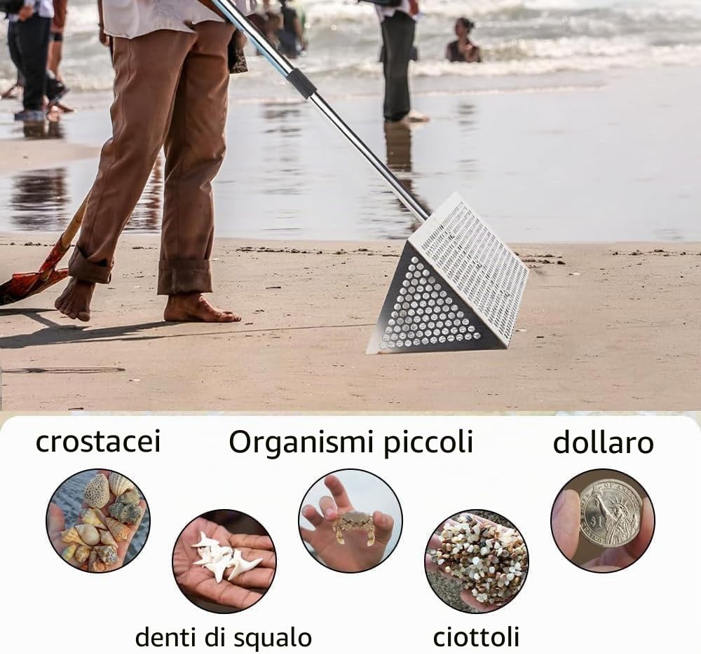 Set di rastrello per pulci, setaccio per sabbia da spiaggia in acciaio inox con cestello largo da 40 cm a denti di squalo, rastrello per sabbia scavato in acciaio al carbonio, rastrelli con manico