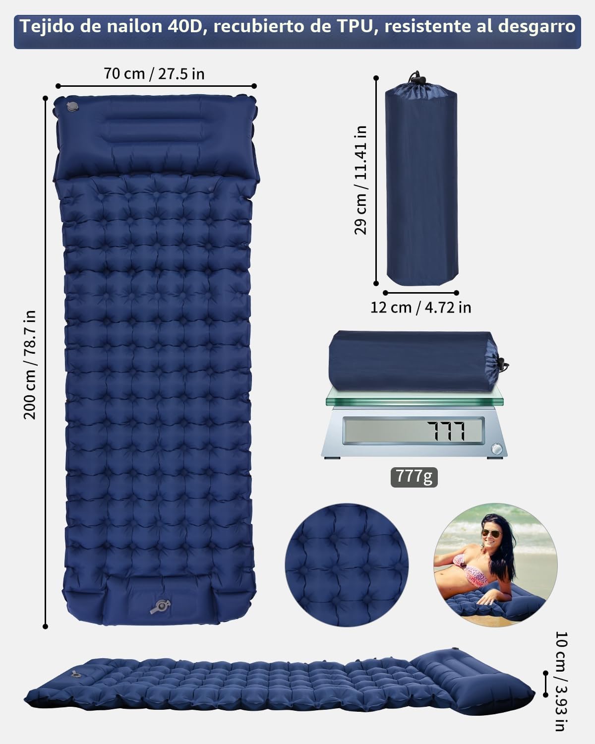 Zawaer Colchoneta De Camping Inflable Ultraligera para Dormir con Almohada, Esterilla Camping,Colchones Campings Autohinchable, Esterilla Dormir, para Exteriores, Senderismo