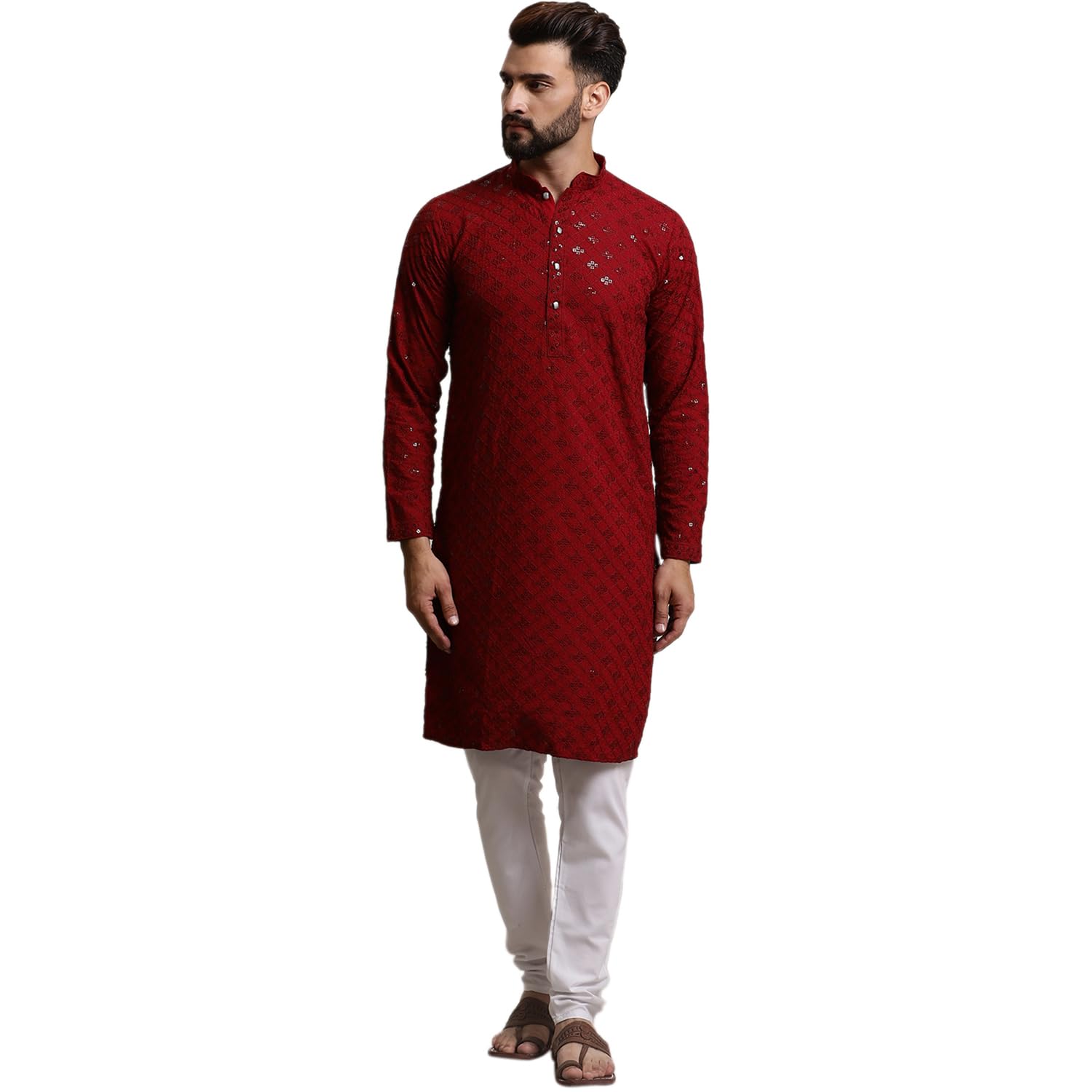 Sojanya (Since 1958 Men's Pure Cotton Maroon Sequence Kurta & White Pyjama Set