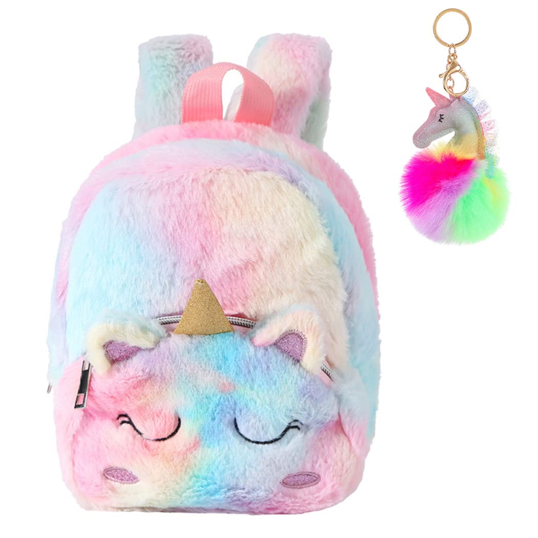 TOMVAES Unicorn Backpack for Kids,with Unicorn Pendant,Plush Unicorn Backpack,Fluffy Mini Unicorn Backpack Bags for Girls Kids Travel Plush Rainbow Schoolbag