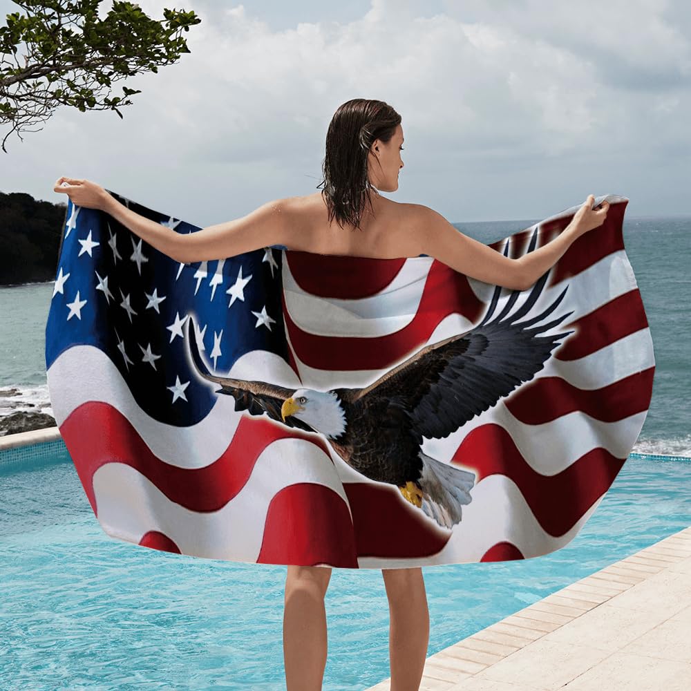 Jeminise Custom Flag Beach Towel - Personalized Patriotic Beach Towels with Name, Oversized Quick Dry Beach Towels for Girls for Men - Eagle Beach