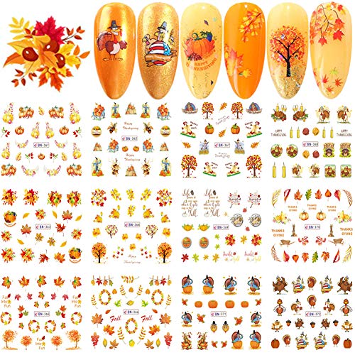 Fall Nail Art Stickers Thanksgiving Nail Decals Accessories 12 Sheets Maple Leaves Pumpkin Water Transfer Autumn Nail Stickers for Women Girls Fingernail Toenail Decoration Manicure Tips Tattoos